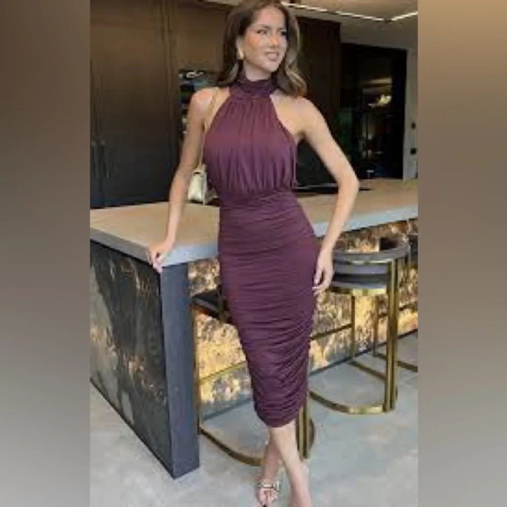 Armani Exchange Plum Burgundy Ruched Halter Midi Dress NWT Size 14 - Picture 8 of 13
